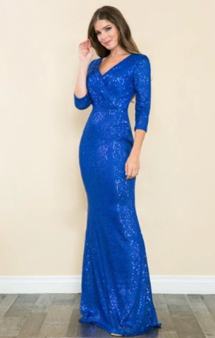 Navona V-Neck Cinched Sequin Evening Dress