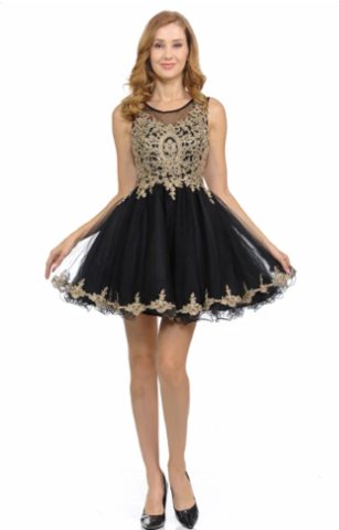 Genevieve Scoop-Neck Gold Appliqué Princess Dress
