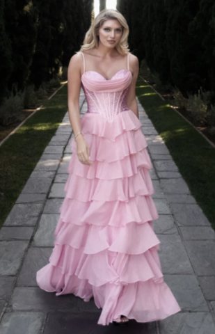 Aurelia Draped Cowl Glitter Chiffon Tiered Gown - Image 2