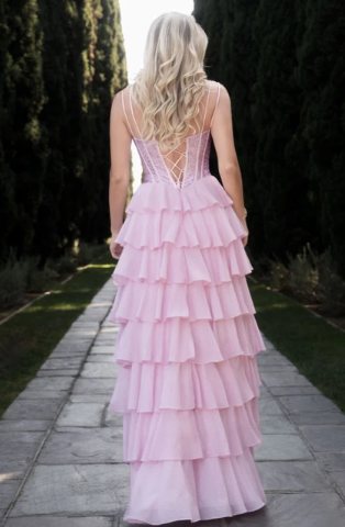 Aurelia Draped Cowl Glitter Chiffon Tiered Gown - Image 3