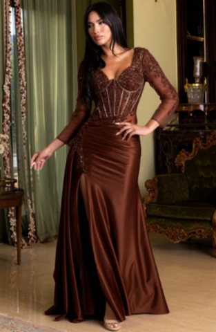 Emmeline Boned Corset Sheer Sleeve Slit Maxi
